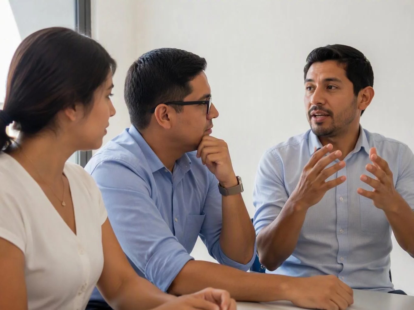 Tres profesionales reunidos, uno sostiene su punto ante los demás