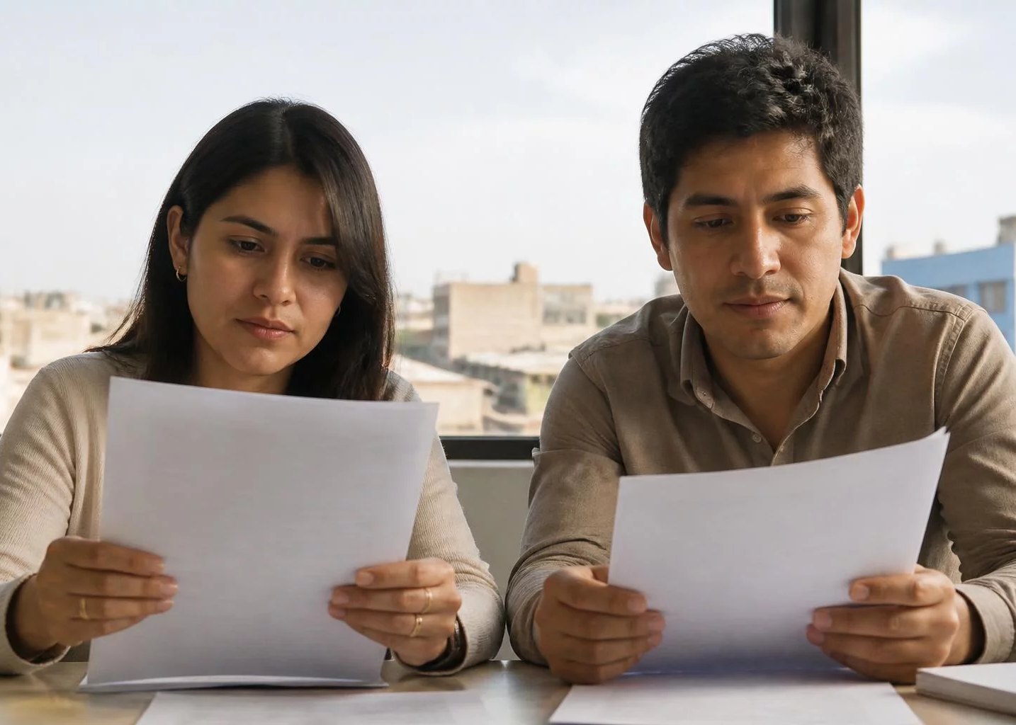 Hojas de argumento impresas, leídas por dos personas