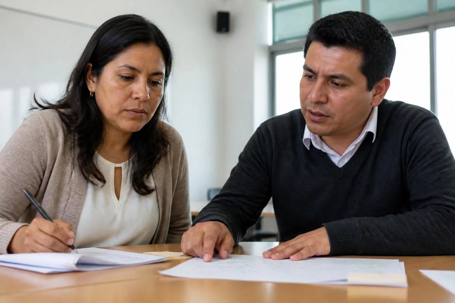 Mesa de seminario con apuntes repartidos y dos personas trabajando
